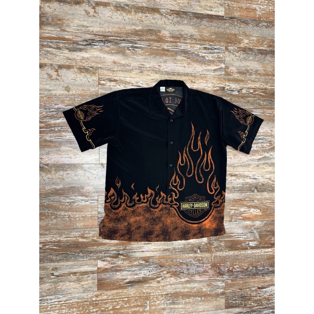 Mens Harley Davidson Short Sleeve Button Up Shirt Size Large Flames Motorcycles